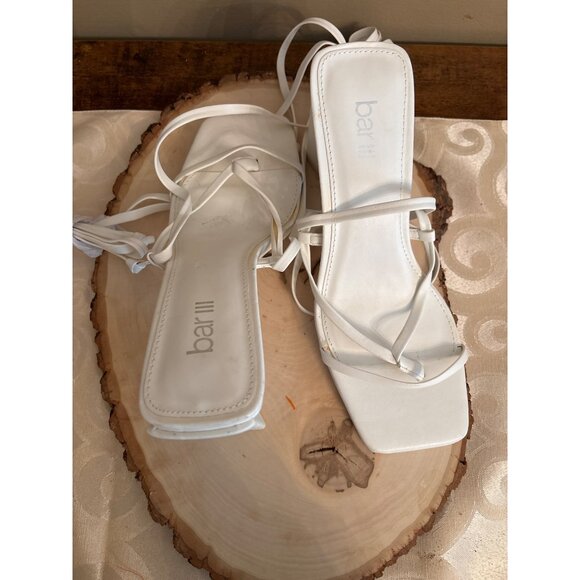 Bar III White Square Toe Strappy Sandals Lace-Up Design & Geometric Heels Chunky - Picture 3 of 7